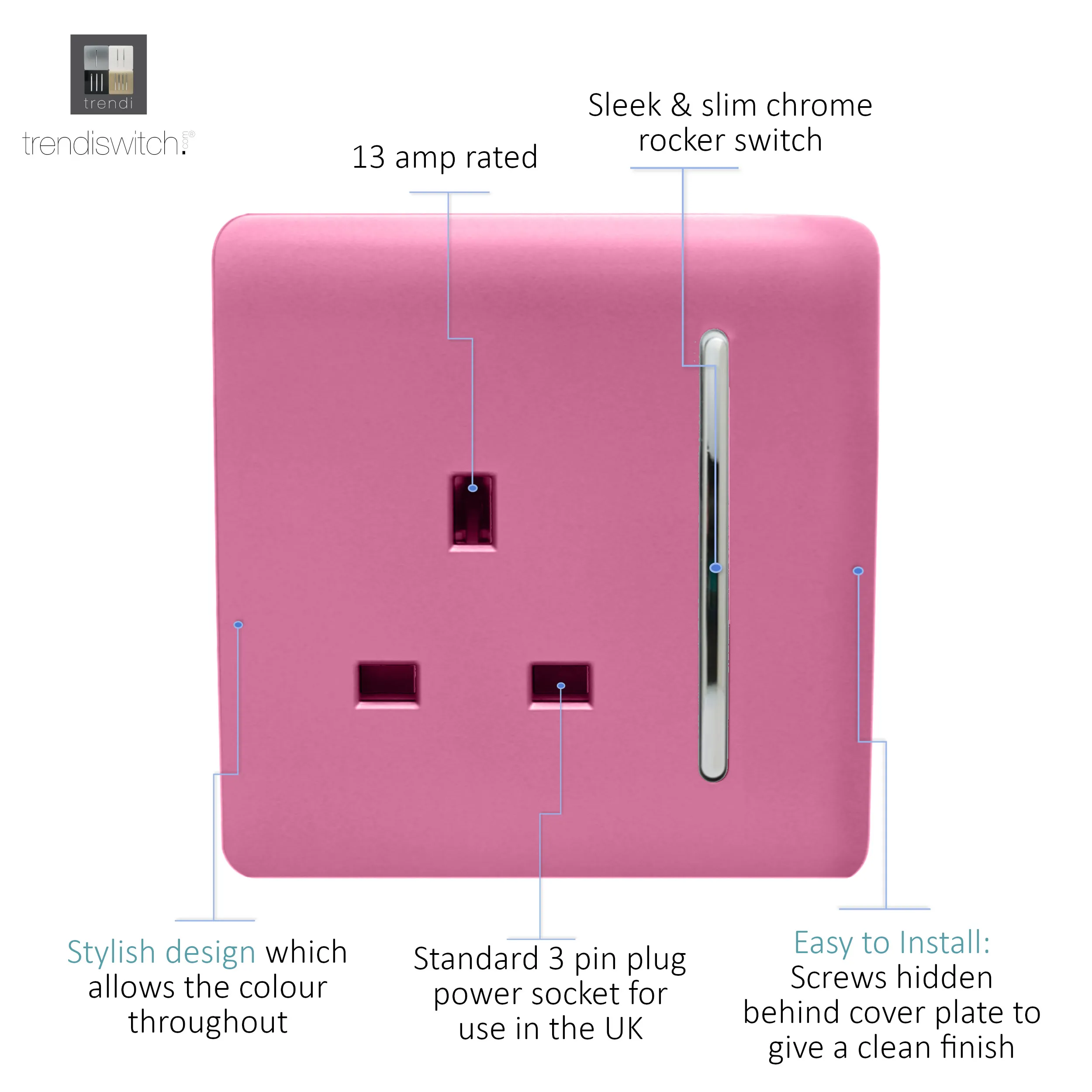 1 Gang 13Amp Switched Single Socket Pink ART-SKT13PK  Trendi Pink